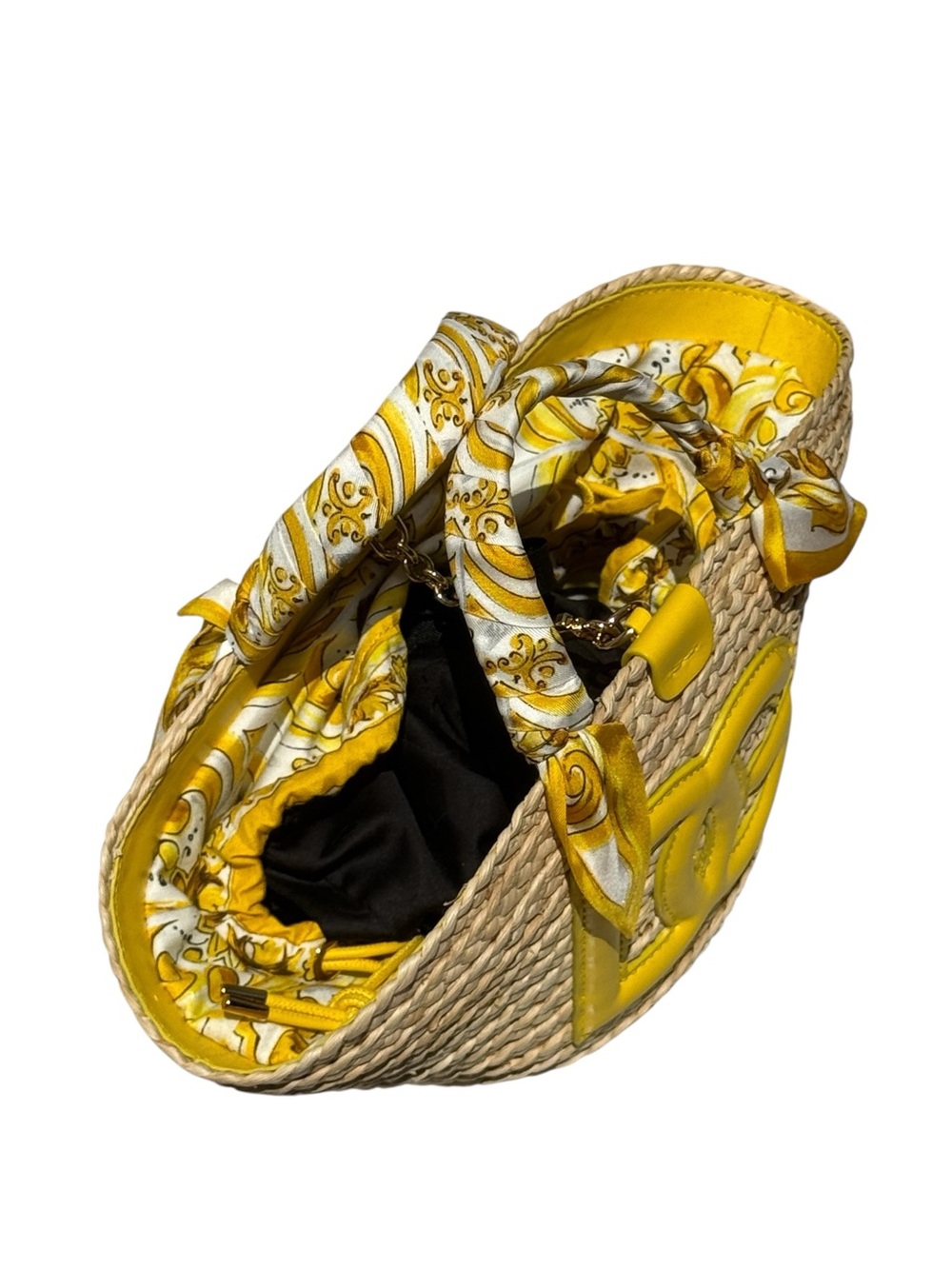 Dolce & Gabbana Kendra Straw Tote Bag w/ Yellow Logo & Silk Scarf Wrapped Handle - Picture 4 of 11